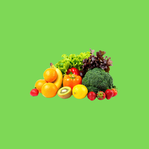 Variedad de frutas y verduras frescas (brócoli, naranjas, fresas) para el curso de manipulador de alimentos en fruterías y sector agrícola.
