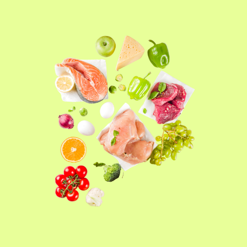Composición de alimentos variados (carne, pescado, verduras, lácteos) para el curso de manipulador de alimentos multisectorial.