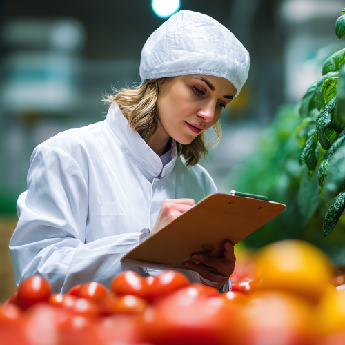 Profesional de calidad con bata y gorro auditando tomates en una planta de manipulación de alimentos para control sanitario.