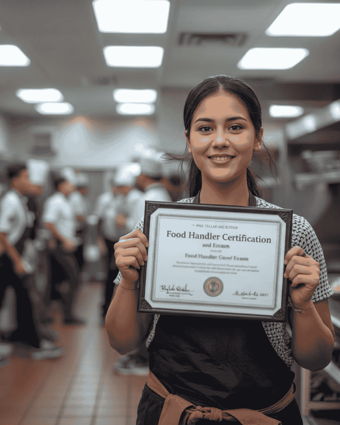 Joven sonriente en cocina profesional mostrando su carnet de manipulador de alimentos oficial.